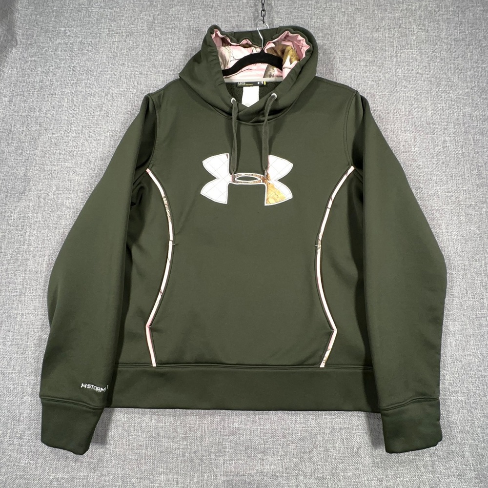 Under Armour Storm Caliber Hoodie Womens L Green Pink Realtree Camo Logo READ